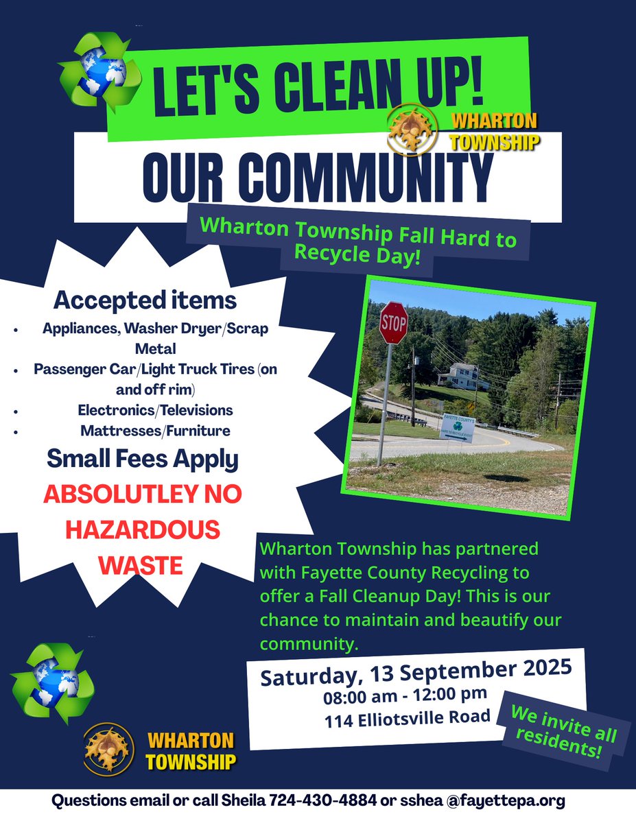 FayetteCoPA's tweet image. 🌎♻️🍂 The Fayette County Recycling Convenience Center, in partnership with Wharton Township, is hosting a fall Community Cleanup and Hard-to-Recycle event on Saturday, September 13 from 8:00 a.m.-Noon.

Get the details ⬇️. #KeepFayetteCountyGreen #FayetteCoPA