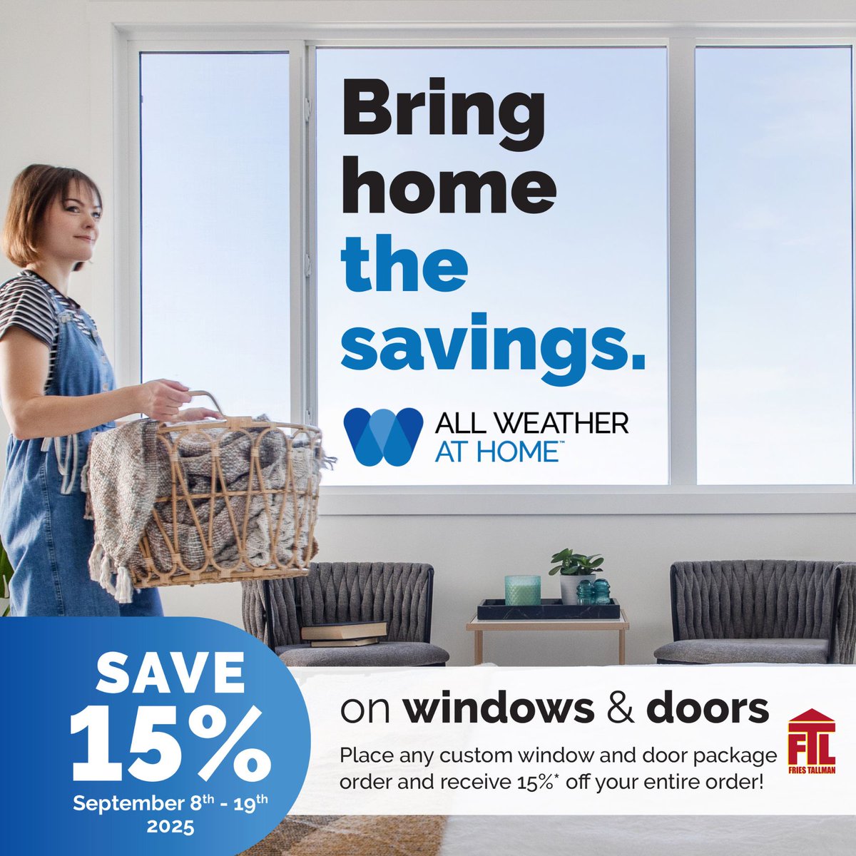 Save 15% on All Weather at Home windows purchased at Fries Tallman.🪟🎉  Hurry, sale ends September 19th! #friestallman #letsgetyoubuilding