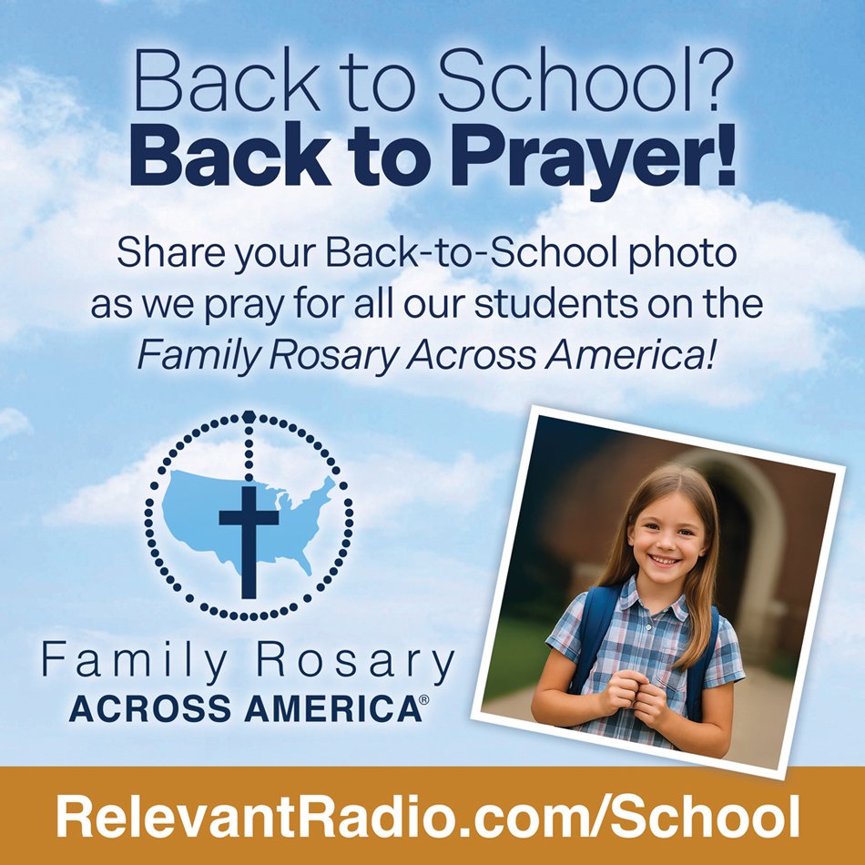 relevantradio's tweet image. Back to School? Back to Prayer! Share your back-to-school photos with us for a chance to be featured on the Family Rosary Across America! Feature you or your child holding a rosary for bonus points!