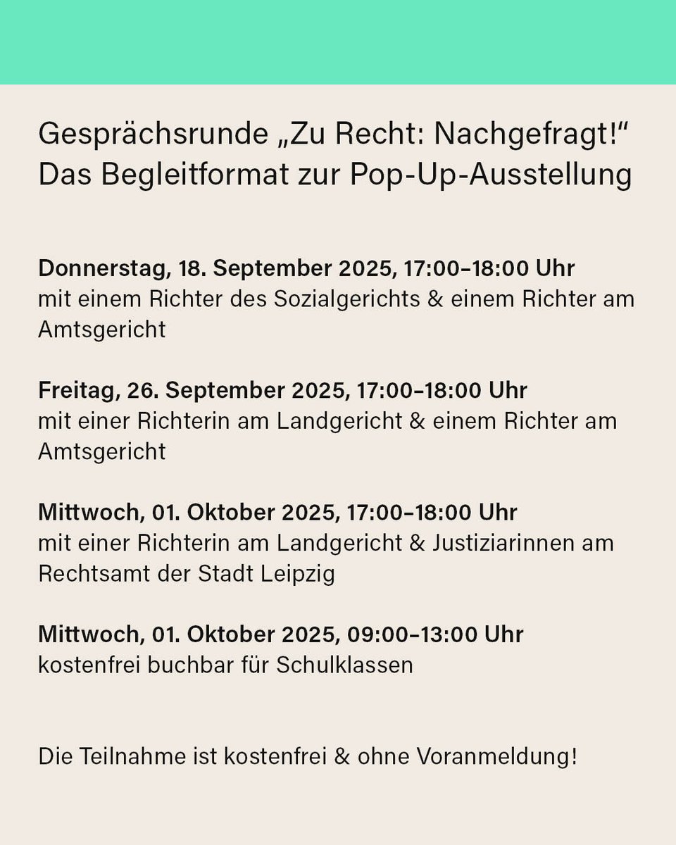⚖️ Recht prägt unseren Alltag überall. Entdecke es interaktiv in der Pop-Up-Ausstellung „Recht – Spielregeln des Alltags“ 
📍 Leipzig, Kurt-Masur-Platz
📅 12.09.–12.10.25 | Eintritt frei
🎉 Eröffnung: 17.09., 16:30 Uhr
#SpielregelnDesAlltags #LetsTalkAboutRecht