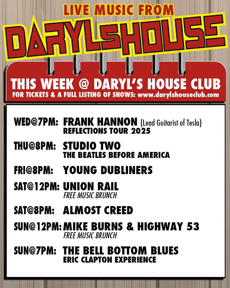 DarylsHouseClub's tweet image. GET TICKETS ON OUR WEBSITE SHOWS PAGE!
#frankhannon #studiotwo #beatlestribute #youngdubliners #unionrail #almostcreed #creedtribute #mikeburns #highway53 #bellbottomblues #ericclaptontribute