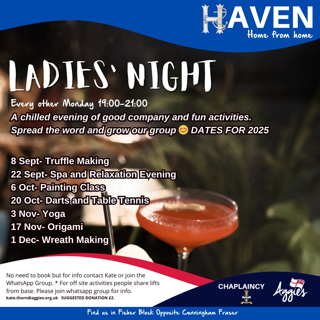 Aggie_Westons's tweet photo. ⚓Look what's going on at The Haven @ Drake 👀

💃Kicking off with Ladies' Night on 8 September making truffles 🍫
🥓Butties every Wednesday
Also, Games Night 🎲Movie Night 🎥🍿 Cook Your Scran 🍳😋 And loads more!

Contact: kate.thorn@aggies.org.uk 
#Drake  #Plymouth #RoyalNavy https://t.co/sk39swLgtG
