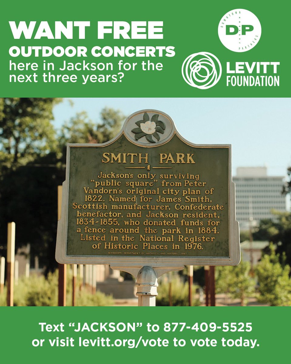 Want free, outdoor concerts at Smith Park for the next three years? Vote at levitt.org/vote or text JACKSON to 877-409-5525 by 9/15 and help us bring a free, outdoor music series to Smith Park here in Jackson! Retweet to help spread the word!

#LevittMusicSeries