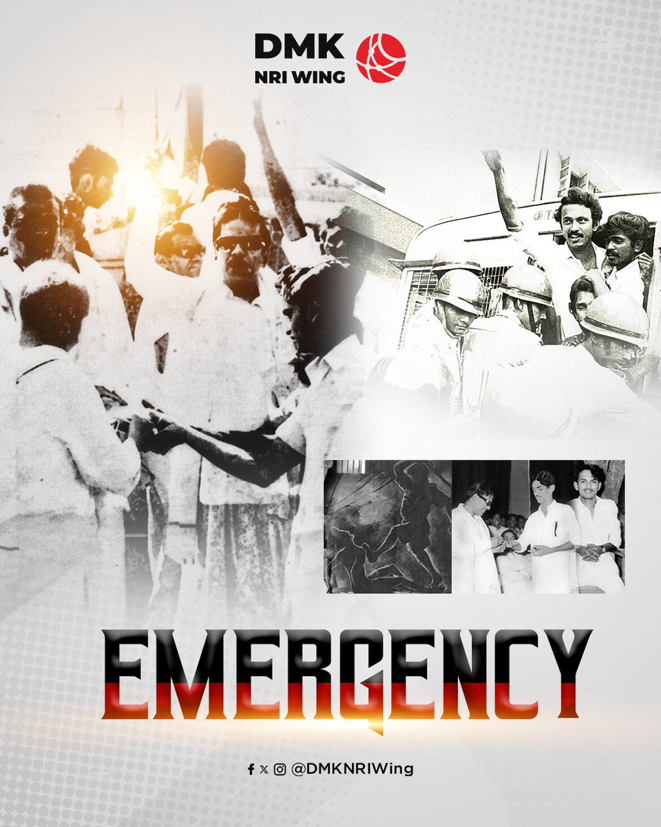 DMKNRIWing's tweet photo. Emergency-யும் கலைஞரின் ஜனநாயகப் போராட்டமும்!

#திராவிட_மாதம் தொடரின் இப்பகுதியில், இந்திய ஜனநாயகத்தின் மீது விழுந்த கரும்புள்ளியான நெருக்கடி நிலைக் காலத்தையும் (Emergency Period), அந்த சர்வாதிகார இருளை எதிர்த்துத் தமிழ்நாட்டில் முத்தமிழறிஞர் கலைஞர் ஏற்றிவைத்த ஒளிச்சுடரையும் பற்றி காண்போம். 1975-ல், நாடு முழுவதும் ஜனநாயக உரிமைகள�� நசுக்கப்பட்டு, பத்திரிகைகளுக்குத் தணிக்கை விதிக்கப்பட்டு, தலைவர்கள் சிறையில் அடைக்கப்பட்டபோது, இந்தியாவில் உள்ள பெரும்பாலான கட்சிகள் மௌனித்து நின்றன. ஆனால், தமிழ்நாட்டில் கலைஞர் தலைமையிலான திராவிட முன்னேற்றக் கழக அரசு, சர்வாதிகாரத்தை எதிர்த்து நின்ற ஜனநாயகத்தின் கடைசிப் புகலிடமாக விளங்கியது. அதற்காக, ஆட்சியையும், எண்ணற்ற உடன்பிறப்புகளின் இன்னுயிரையும் விலையாகக் கொடுத���தது.

சர்வாதிகாரத்திற்கு எதிரான முதல் குரல்
1975, ஜூன் 25 அன்று அவசர நிலை பிரகடனப்படுத்தப்பட்ட 24 மணி நேரத்திற்குள், அன்றைய கழகத் தலைவர் கலைஞர், கட்சியின் செயற்குழுவைக் கூட்டினார். ஜூன் 27 அன்று, "சர்வாதிகாரத்தின் தொடக்க விழா" என நெருக்கடி நிலையை வர்ணித்து, அதனை உடனடியாகத் திரும்பப் பெற வேண்டும் என திமுக செயற்குழுவில் தீர்மானம் நிறைவேற்றப்பட்டது. நெருக்கடி நிலை சட்டங்களைத் தனது மாநிலத்தில் நடைமுறைப்படுத்த மறுத்த கலைஞர் தலைமையிலான அ���சு, தமிழ்நாட்டை ஜனநாயகவாதிகளின் புகலிடமாக மாற்றியது. ஜெயப்பிரகாஷ் நாராயணன் போன்ற தலைவர்களை "மிசா" சட்டத்தில் கைது செய்யுமாறு நடுவண் அரசு பணித்தபோது, முதலமைச்சர் கலைஞர் அதனை ஏற்க உறுதியாக மறுத்தார்.

ஆட்சியிழப்பும், மிசாவின் கொடுங்கரங்களும்
திமுக அரசின் இந்த ஜனநாயகப் பிடிவாதம், நடுவண் அரசை ஆத்திரமூட்டியது. நெருக்கடி நிலையை எதிர்த்து, ஜனவரி 30, 1976 அன்று சென்னையில் திமுக மாபெரும் கண்டனப் பேரணியை நடத்தியது. அதற்கு அடுத்த நாள், ஜனவரி 31, 1976 அன்று, இல்லாத ஊழல் குற்றச்சாட்டுகளைக் காரணம் காட்டி, கலைஞர் தலைமையிலான திமுக அரசு, அரசிய��மைப்புச் சட்டத்தின் 356-வது பிரிவின் கீழ் கலைக்கப்பட்டது.

ஆட்சிக் கலைப்பைத் தொடர்ந்து, அரச பயங்கரவாதம் கட்டவிழ்த்து விடப்பட்டது. முதலமைச்சராக இருந்த கலைஞர், தன் மகன் மு.க. ஸ்டாலின் வீடு திரும்பியதும், "ஸ்டாலின் வந்துவிட்டார், கைது செய்துகொள்ளுங்கள்" என காவல்துறையிடம் தெரிவிக்கும் மன உறுதியுடன் நின்றார். அன்றைய தினம், தலைவர் மு.க. ஸ்டாலின் அவர்கள், முரசொலி மாறன் அவர்கள் உள்ளிட்��� 500-க்கும் மேற்பட்ட திமுக தலைவர்கள் "மிசா" சட்டத்தின் கீழ் கைது செய்யப்பட்டனர்.

சென்னை மத்திய சிறைச்சாலை, ஒரு "சித்திரவதைக் கூடமாக" மாறியது. அப்போது 23 வயது இளைஞராக இருந்த தலைவர் மு.க. ஸ்டாலின் உள்ளிட்ட திமுகவினர், சிறை அதிகாரிகளின் உத்தரவின் பேரில், ஆயுள் தண்டனைக் கைதிகளைக் கொண்டு கொடூரமாகத் தாக்கப்பட்டனர். "என் கையில் இருக்கும் இந்த வடு, அன்று நாங்கள் சிறையில் அனுபவித்த சித்திரவதையின் அடையாளம்" என மாண்புமிகு தமிழ்நாடு முதலமைச்சர், தலைவர் @mkstalin அவர்கள் பின்னாளில் குறிப்பிட்டார். இந்த சித்திரவதைகளின் உச்சமாக, தன் மீது விழுந்த அடிகளைத் தாங்கிக்கொண்டு, இளம் தலைவர் ஸ்டாலின��க் காப்பாற்றத் தன் உடலைக் கேடயமாக்கிய நாடாளுமன்ற உறுப்பினர் சிட்டிபாபு, சிறையிலேயே வீரமரணம் எய்தினார். அவரைப் போலவே, சாத்தூர் பாலகிருஷ்ணன் என்ற மற்றொரு திமுக முன்னோடியும் இன்னுயிர் நீத்தார்.

எதிர்ப்பின் கருவிகள்: 'முரசொலி'யும் கலைஞரின் எழுத்தும்
ஆட்சி பறிக்கப்பட்டபோதும், அடக்குமுறை உச்சத்தில் இருந்தபோதும், கலைஞர் தனது எழுத்தாற்றலை ஜனநாயகத்திற்கான ஆயுதமாகப் பயன்படுத்த��னார். திமுகவின் அதிகாரப்பூர்வ ஏடான 'முரசொலி', தணிக்கையை மீறி உண்மைகளை மக்களிடம் கொண்டு சேர்த்தது. ஹிட்லரின் கதைகளை உருவகமாகச் சொல்வது, குறியீட்டுச் சித்திரங்களை வெளியிடுவது, கைது செய்யப்பட்டவர்களின் பெயர்களை மறைமுகமாகத் தெரிவிப்பது எனப் பல உத்திகளைக் கையாண்டு, தணிக்கை அதிகாரிகளைத் திணறடித்தது 'முரசொலி'.

கலைஞரின் எழுத்துக்கள், கழகத்தினருக்கு நம்பிக்கையூட்டும் அருமருந்தா��� விளங்கின. "எந்தக் கையில் வாளைப் பிடிக்க வேண்டும், எந்தக் கையில் கேடயத்தைப் பிடிக்க வேண்டும்" என்பதை விளக்கி அவர் எழுதிய "வாள் கேடயம்" என்�� சிறு வெளியீடு, அரசால் தடை செய்யப்பட்டபோதும், ரகசியமாகப் பல்லாயிரக்கணக்கில் நகலெடுக்கப்பட்டு, உடன்பிறப்புகளிடம் பரவியது.

1/2