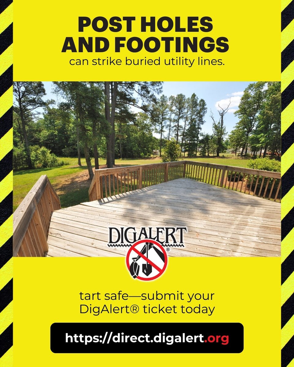 DigAlert's tweet photo. Building a Deck?
Post holes and footings can strike buried utility lines.
Start safe—submit your DigAlert® ticket today: https://t.co/1fwrKzdW6S
#DeckProjects #HomeSafety #ContactDigAlert https://t.co/Gl5sIWPD52