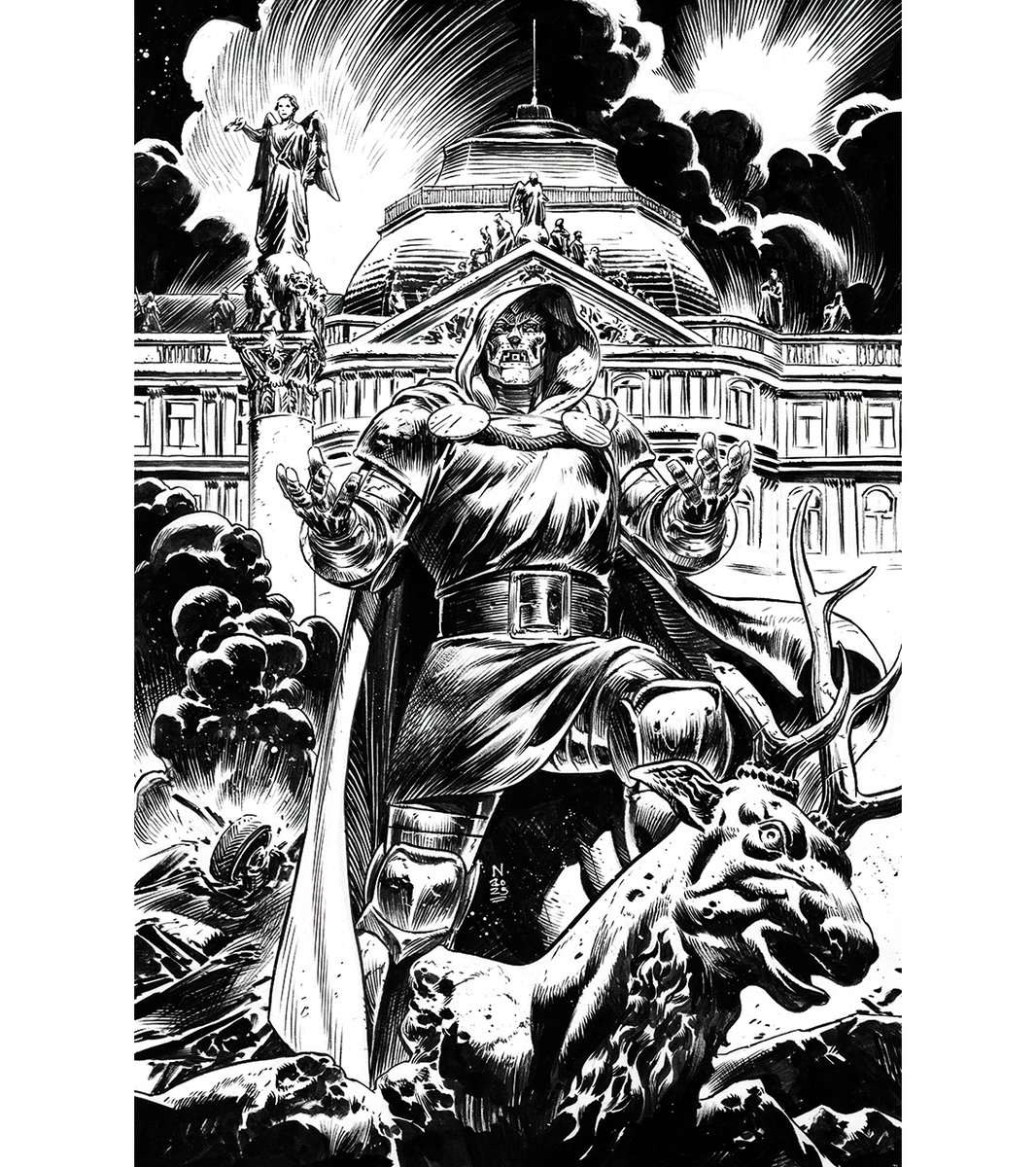 NicKlein's tweet photo. One World under Doom #1 Panini Germany variant.

how could I resist doing this cover. Dr. DOOM and some destroyed landmarks in Stuttgart, Germany. https://t.co/tuKVyN8tgi