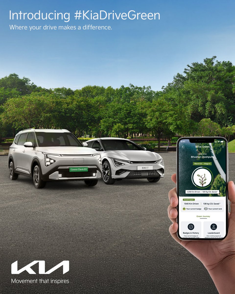 KiaInd's tweet photo. Every drive counts. With Kia Drive Green, your Kia EV plants digital trees, tracks COβ savings, and rewards you with eco-badges.
Drive Kia. Drive Green.
Be the change. Start now.
#Kia #KiaIndia #DriveKia #DriveGreen #MovementThatInspires #EV6 #ClavisEV #KiaEV https://t.co/HL9930MpBs