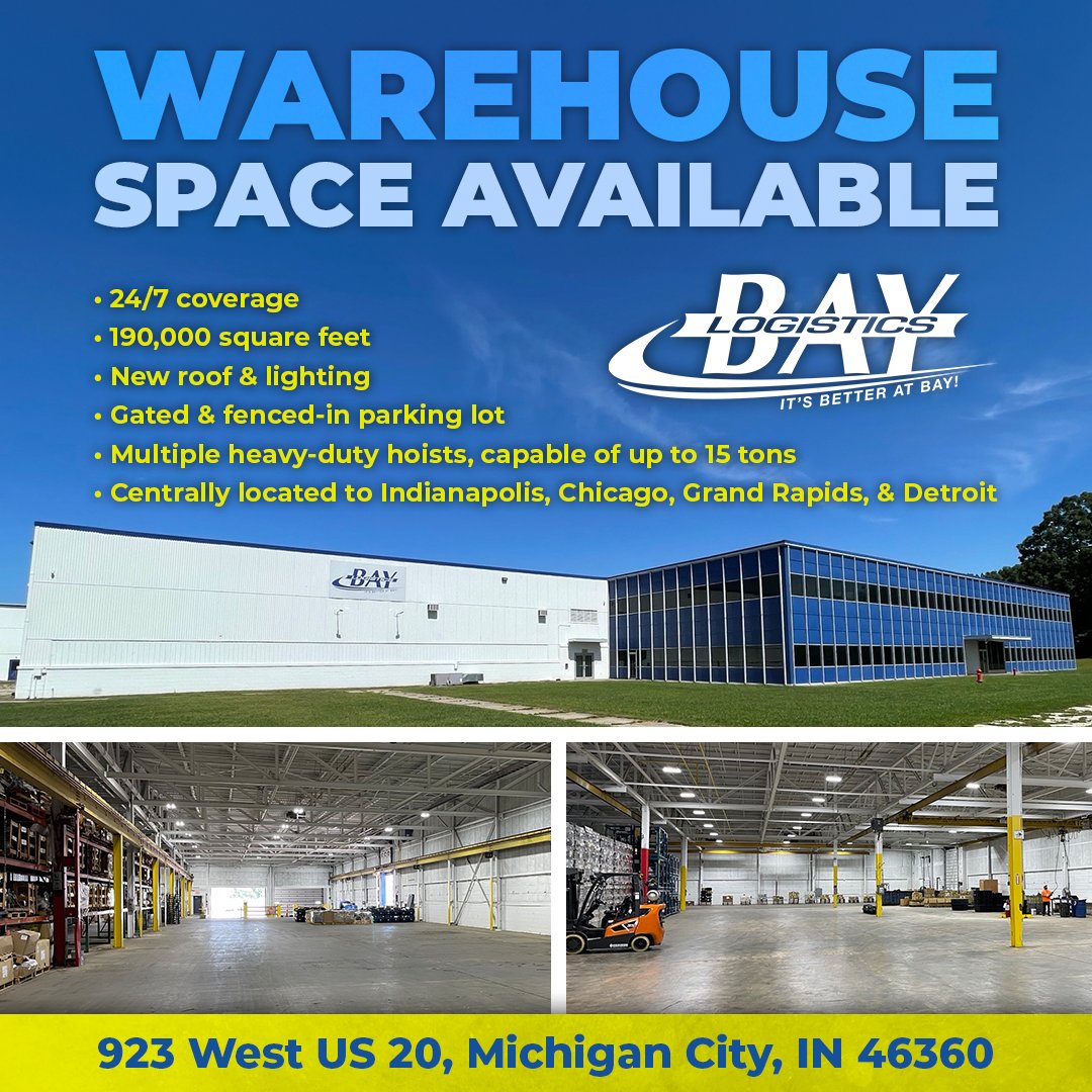 Bay Logistics has warehouse space available in Michigan City, IN. Contact Bay Logistics today for more info! 616-307-4834. #logistics #warehouse #warehousing #distributioncenter

baylogistics.com