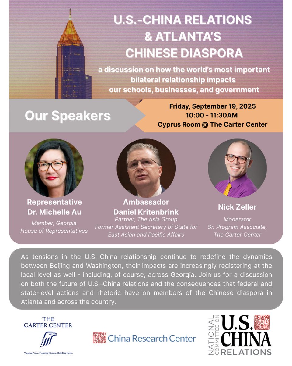 uscnpm's tweet image. Join us Sept 19 10:00-11:30 for a conversation with Amb. Dan Kritenbrink & GA House Rep. Michelle Au on the impacts of the US-China rivalry on the Chinese diaspora nationally and in the southeast.
Register here: tfaforms.com/5194186
@NCUSCR