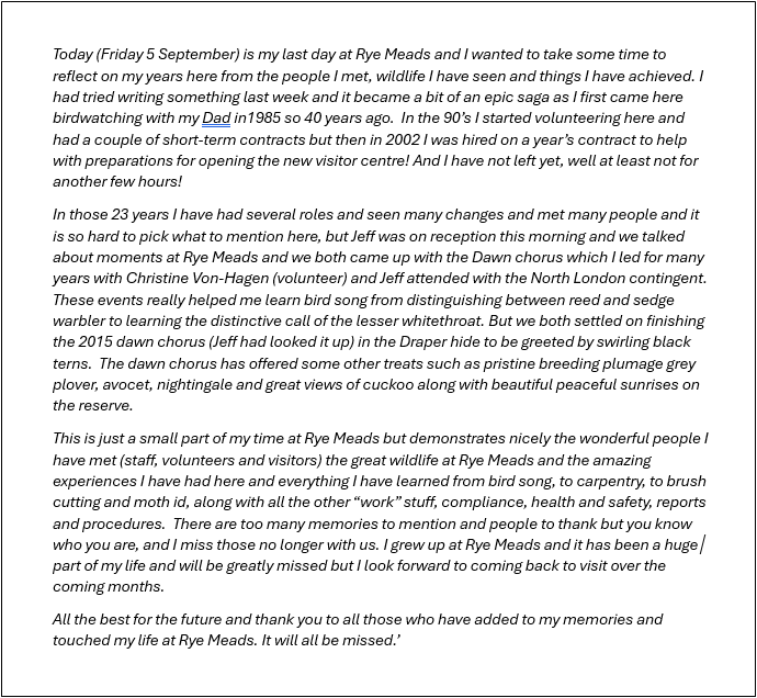RSPB Rye Meads (@rspbryemeads) on Twitter photo On Friday we said goodbye to Vicky, our Site Manager, as she starts a new chapter as the Senior Site Manager at The Lodge. Before she left she wrote a little message to everyone which you can see below (1/2): On Friday we said goodbye to Vicky, our Site Manager, as she starts a new chapter as the Senior Site Manager at The Lodge. Before she left she wrote a little message to everyone which you can see below (1/2):