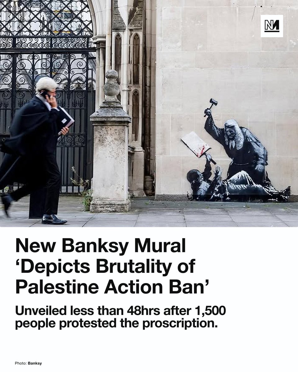 Banksy accurately depicts just how morally depraved govts have become-peacefully protesting genocide of innocent Palestinians,women&amp;children has been labelled as “terrorism”. 
Solidarity w brave souls who were arrested including NHS staff,an 83yr old priest &amp; disabled RAF veteran