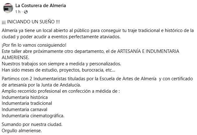 Hay buenas noticias sobre la Indumentaria de la Región de Almería🏴󠁧󠁢󠁥󠁮󠁧󠁿. La cuenta de facebook de "La Costurera de Almería" que se encuentra en Plaza de Pavía ha publicado el siguiente post que dice que ya están abiertos al público para conseguir el traje tradicional e histórico🏴󠁧󠁢󠁥󠁮󠁧󠁿