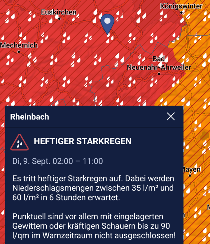 #Unwetterwarnung | Der <a href="/DWD_presse/">DWD</a> hat für #Rheinbach eine amtliche Unwetterwarnung vor heftigem #Starkregen herausgegeben. Die #Warnung gilt Dienstag, 09.09. von 2 bis 11 Uhr. Weitere Infos &amp; Handlungsempfehlungen unter feuerwehr-rheinbach.de/unwetterwarnun… und in der Warnwetter-App des #DWD