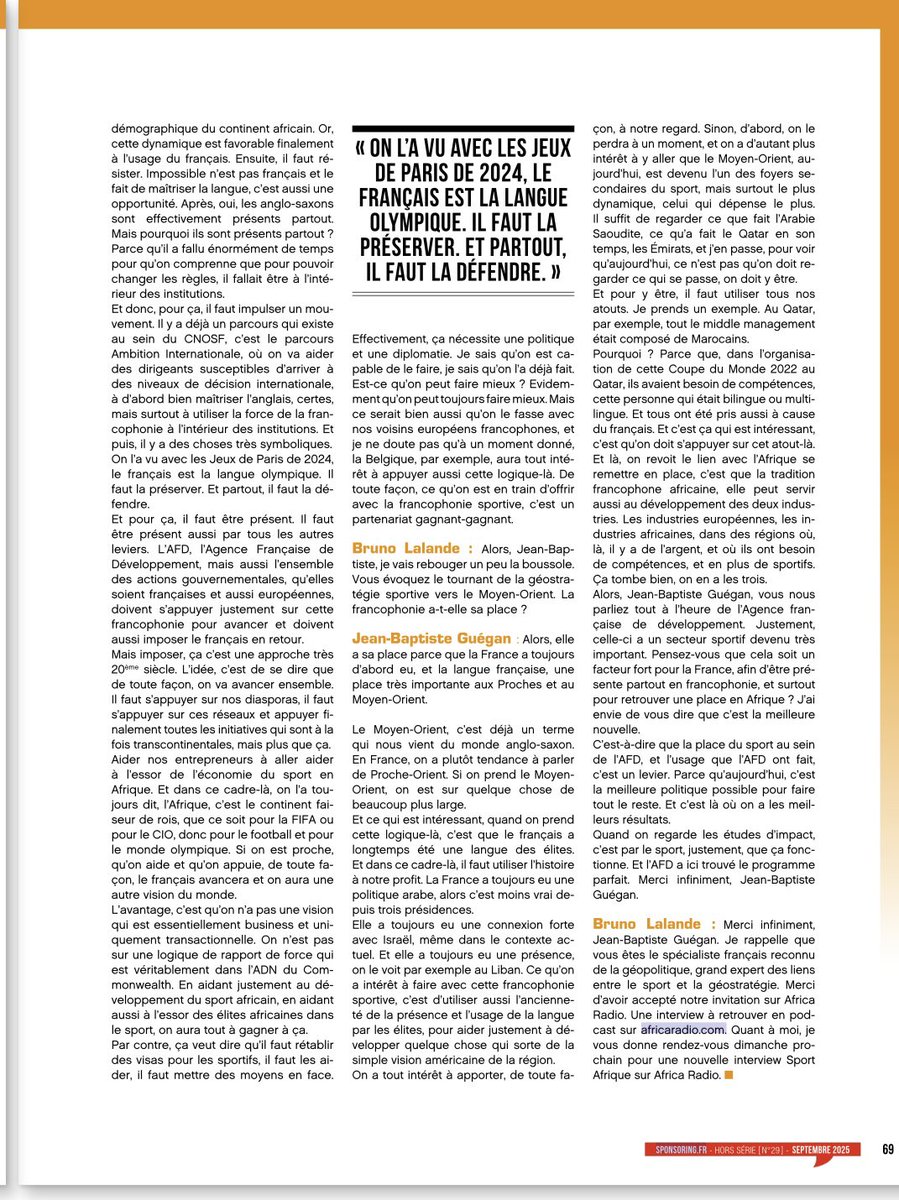 Bruno LALANDE (@brunolalande) on Twitter photo 🛑 Regard d’expert #geopolitique
"La Francophonie Sportive, un atout précieux" Jean-Baptiste Guégan
Le magazine de rentrée <a href="/sponsoring_fr/">Sponsoring.fr</a> #29 vient de paraître.
#Francophonie #Sport
Vous disposez sur le lien ci-dessous d'un accès complet au magazine.
👉 sponsoring.fr/sponsoring-fr-… 🛑 Regard d’expert #geopolitique
"La Francophonie Sportive, un atout précieux" Jean-Baptiste Guégan
Le magazine de rentrée <a href="/sponsoring_fr/">Sponsoring.fr</a> #29 vient de paraître.
#Francophonie #Sport
Vous disposez sur le lien ci-dessous d'un accès complet au magazine.
👉 sponsoring.fr/sponsoring-fr-…