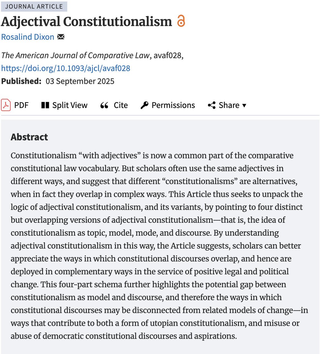 How should we make sense of the dizzying varieties of constitutionalisms? In a new paper, <a href="/rosalinddixon15/">Rosalind Dixon</a>  terms this phenomenon 'adjectival constitutionalism' and suggests four modes of operation: as topic, model, mode, and discourse. Link below