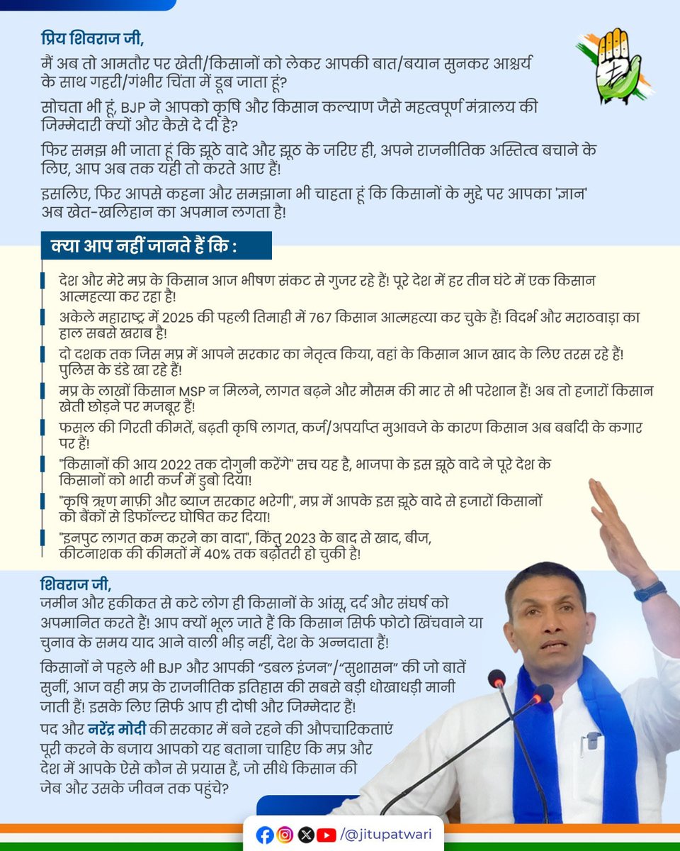प्रिय शिवराज जी,
अब तो किसानों से जुड़ा एक भी बयान आपकी जुबान से अच्छा नहीं लगता! देश का कृषि मंत्री झूठ की खेती कब तक करेगा?

<a href="/narendramodi/">Narendra Modi</a>
<a href="/ChouhanShivraj/">Shivraj Singh Chouhan</a>
<a href="/DrMohanYadav51/">Dr Mohan Yadav</a>
<a href="/kharge/">Mallikarjun Kharge</a> | <a href="/INCIndia/">Congress</a>
<a href="/BJP4MP/">BJP Madhya Pradesh</a> | <a href="/BJP4India/">BJP</a>