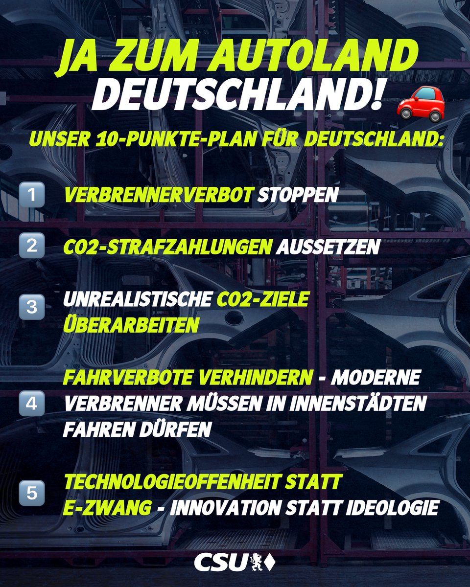 CSU's tweet photo. Bayern ist Autoland und als CSU sagen wir JA zum Auto und JA zum Autostandort Deutschland!  Heute öffnet eine der wichtigsten Automobilmessen der Welt seine Tore: die #IAA Mobility. #Mobilität ist Zukunft, denn das Auto verbindet Fortschritt, Freiheit und Digitalisierung. Wir setzen auf Anreize und #Innovation, statt auf ideologische #Verbotspolitik. Die #Automobilindustrie ist das Herz unserer Volkswirtschaft - ohne das Auto geht es nicht. Es bleibt die Zukunft unseres Industriestandorts. Deshalb brauchen wir eine klare Autostrategie mit Vernunft, technischem Realismus und Zukunftsorientierung.