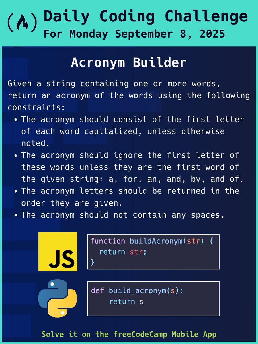 freeCodeCamp now has daily coding challenges for you to try! Here's today's: the Acronym Builder challenge. See if you can solve it on the mobile app.