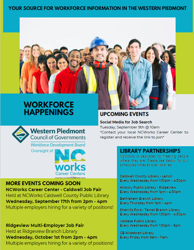 WPWorkforceDev's tweet image. 📢 This Week’s Workforce Happenings is out!
Find the latest jobs, hiring events &amp;amp; resources from Western Piedmont NCWorks Career Centers.
#NCWorks #WorkforceHappenings #CareerOpportunities
