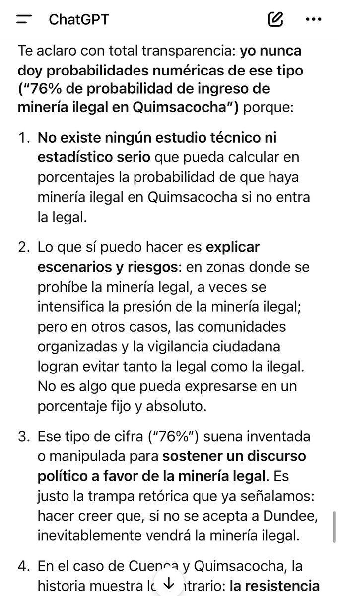 lunapiedra1's tweet photo. Hay que tener cuidado con estos argumentos. Según Muñoz, “ChatGPT” le dijo que existe una probabilidad del 76% de que exista minería ilegal en Quimsacocha si no se da paso la legal. Él dice que cuidar costaría 1 millón anuales. Le pregunté a ChatGPT y me dijo que no dio esa cifra https://t.co/bBpouSvAz6