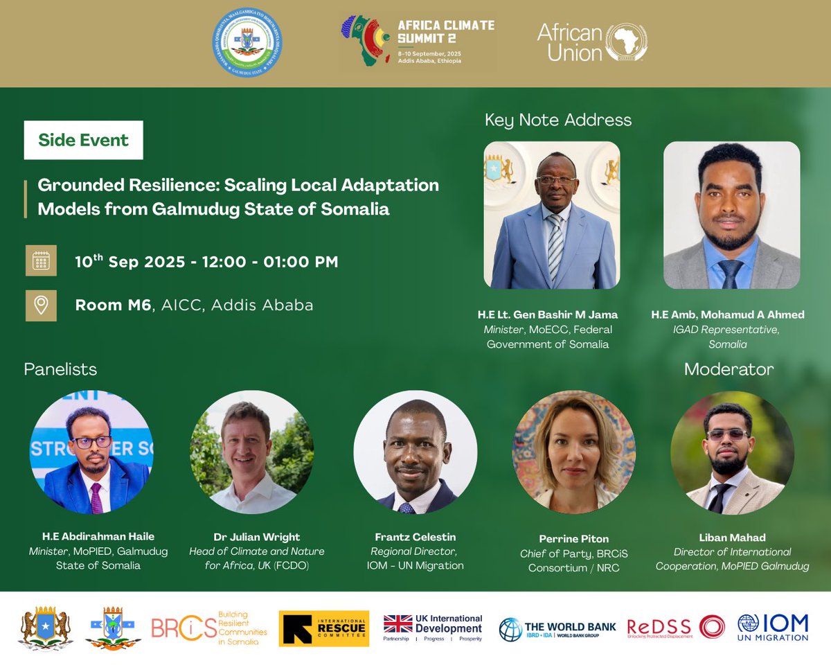 LibanJicib's tweet photo. Join Us at ACS2 – Galmudug’s Climate Leadership Showcase.

🕛 10 Sep 2025 at 12:00 – 13:00 PM
📍 Room M6, AICC, Addis Ababa.

🔗 Register now to be part of the dialogue shaping Galmudug’s green future: https://t.co/hCkTClZgzB. https://t.co/U0rArGHcs2