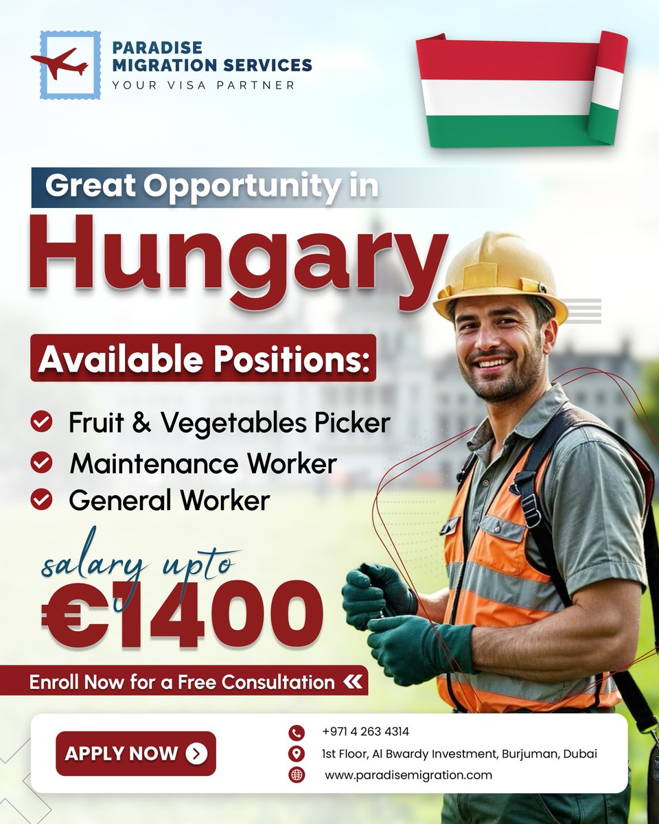 ClientsReviews_'s tweet image. 🇭🇺 Hungary is Calling!
Roles open: General Workers, Warehouse, Hotel/Kitchen, Maintenance &amp;amp; Factory staff.
🏠 Accommodation provided
📄 Legal Work Permit &amp;amp; Visa Support
⚡ Fast, Transparent |  No Age Limit

📩 DM us today or call +971 4 263 4314
#WorkInHungary #EuropePermit