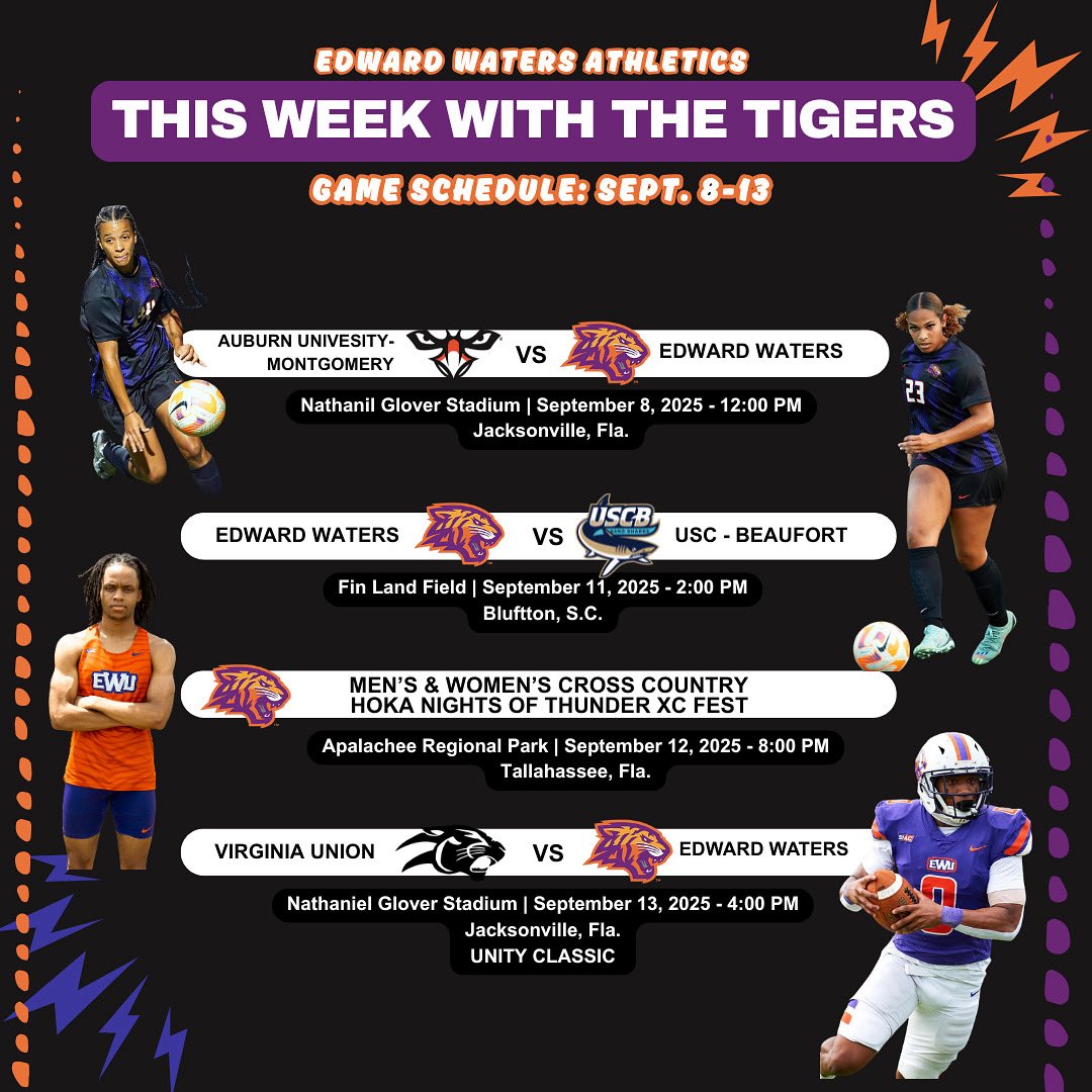 This week with the Tigers!!🧡💜 

Don’t miss what’s going down in The Jungle this week!!⚽️🏃🏾‍♂️🏃🏾‍♀️🏈

#tigerpride🐯 #ewutigers🧡💜🐅