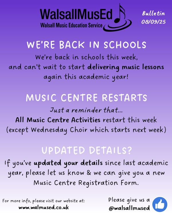 Hope everyone's had a lovely summer. We're back at it this week, with both lessons in schools, and all of our Music Centre Activities taking place too! Please see the bulletin as usual for more info 😀