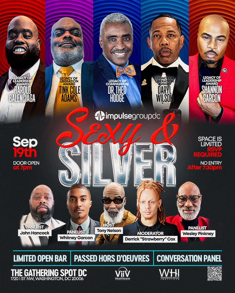 DavonHamilton's tweet photo. Join #ImpulseGroupDC for Sexy & Silver on Fri, Sept 19 🎶🍸 Celebrate the wisdom, resilience & joy of MSMs 50yrs+ with music, cocktails & cross-gen connections. Space is limited—RSVP now! (Tickets for those under 50yrs will be opening soon)
🔗: https://t.co/TgOZBicuEQ https://t.co/Io0ntyEGaY