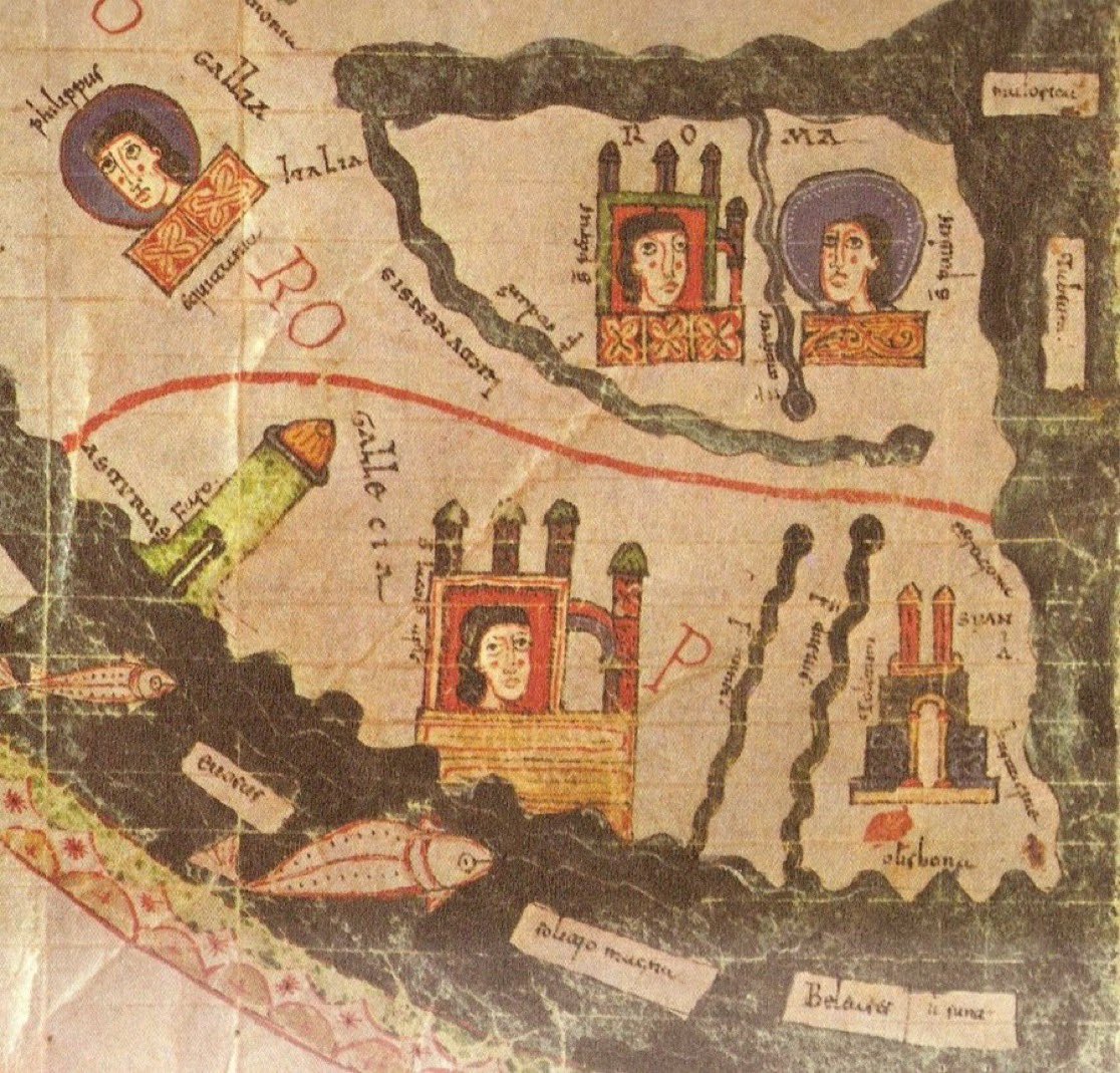 #MythologyMonday 
A detail from the mappa mundi of Burgo de Osma Beatus (11th century), on which the Insula Magna Solistitionis can be seen, facing the Galician shores. This is the fabulous island to which the monk Trezenzonio sailed, and where he stayed for 7️⃣ years.