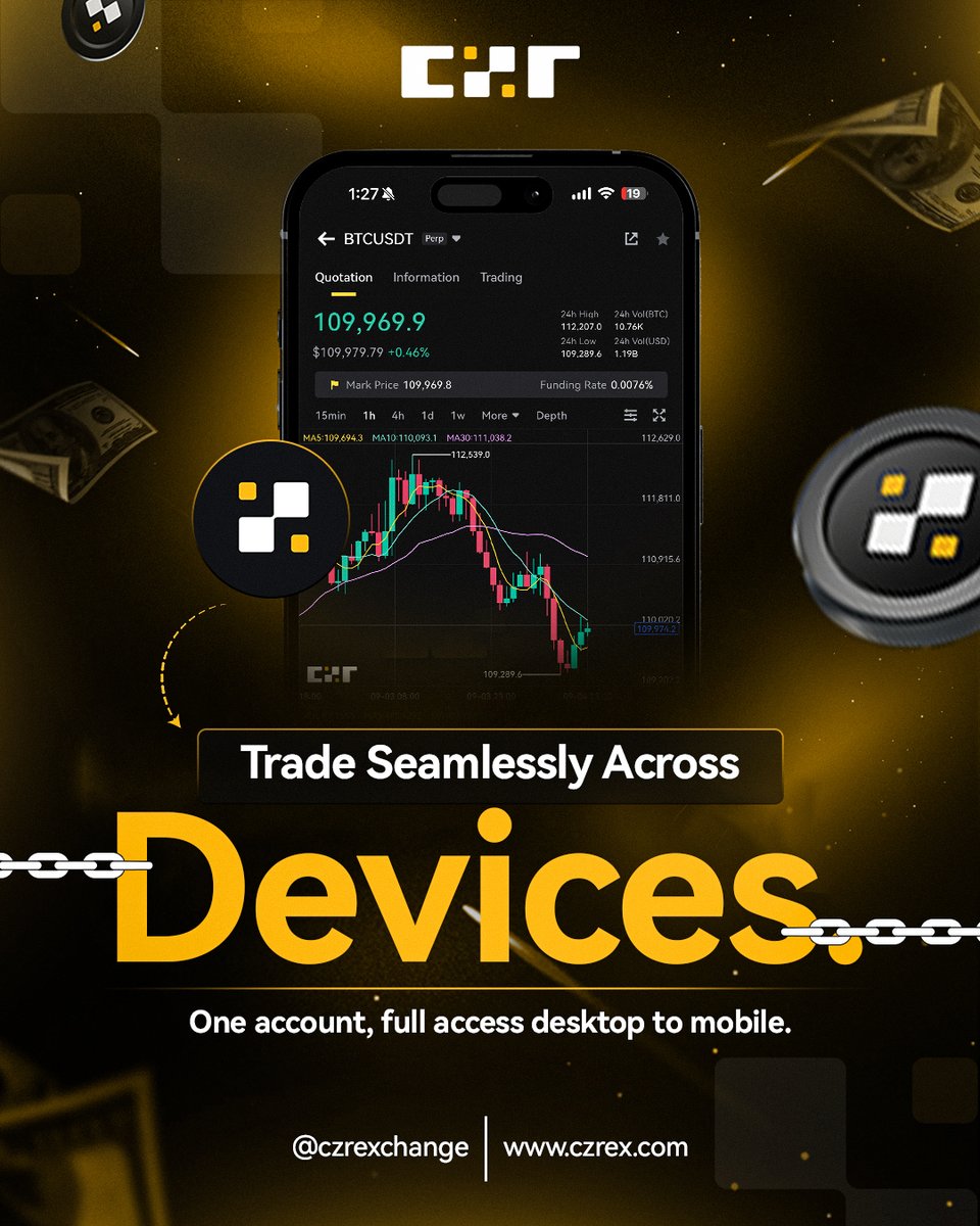 📱💻 Trade anywhere, anytime.
With CZR Exchange, one account gives you full access across desktop &amp; mobile — now LIVE on Apple Store &amp; Google Play. 🚀
Your portfolio, always in sync.
👉 czrex.com