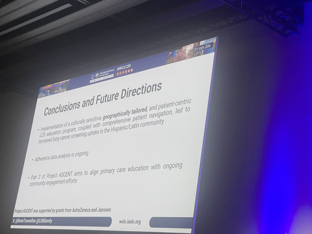 LUNGevity's tweet image. Thrilled to see our partnership on #lungcancer #screening w/ @MiamiCancerInst being presented by @BrainTumorDoc. Community-driven engagement increases screening in Hispanic/Latin community members. @iaslc #lcsm #WCLC25
