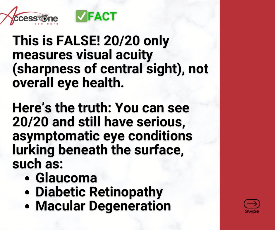 AccessOneEye's tweet photo. Eye Myth Busted! 🚨 MYTH: 20/20 vision means your eyes are totally healthy. 
FACT: FALSE! 20/20 is just sharpness. You can still have diseases like Glaucoma. 

Get a comprehensive eye exam to check your health! #AccessOneEyeCare #2020Vision #MythBuster #EyeHealth https://t.co/CZ0zxlnT0v