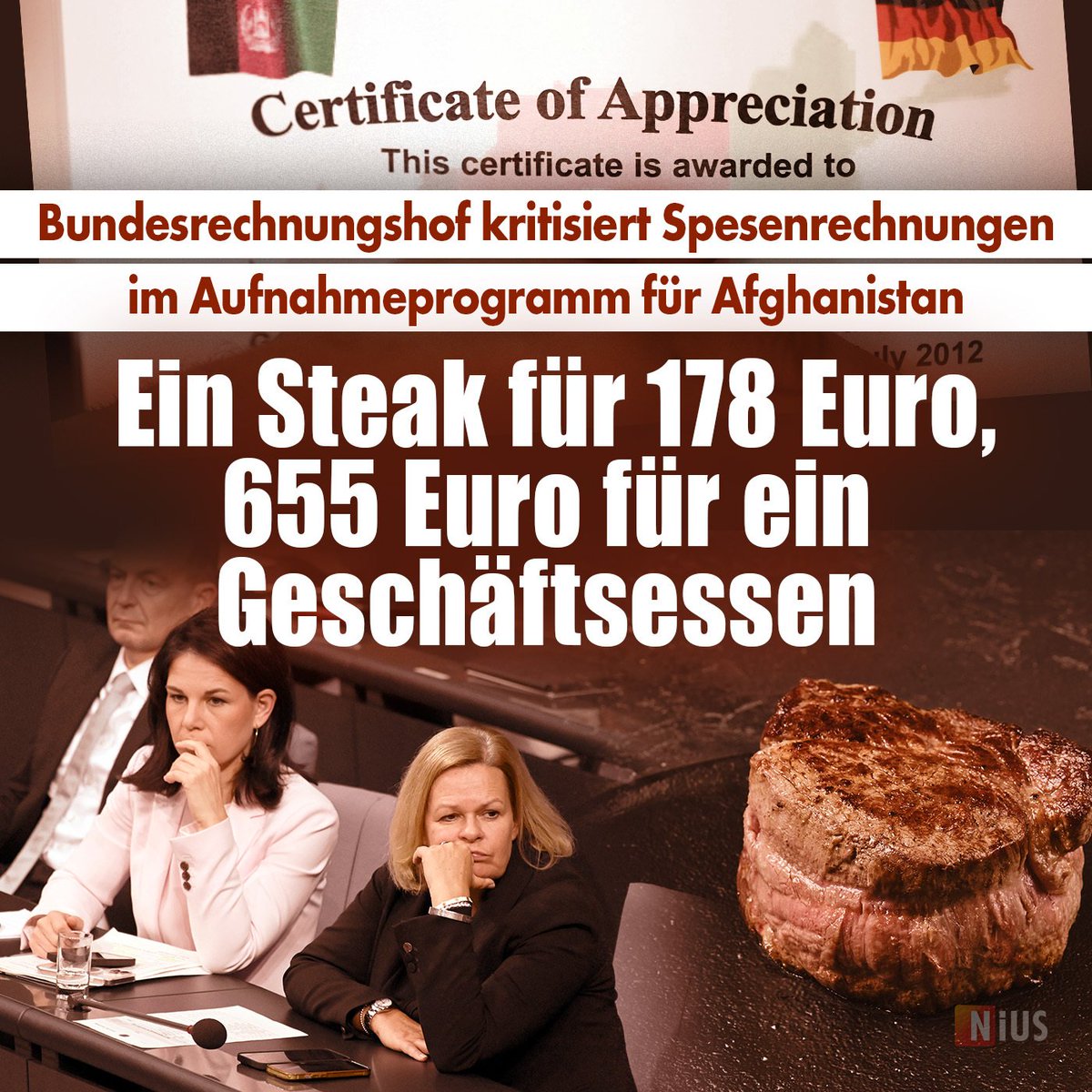 Was haben die NGO-Mitarbeiter des Bundesaufnahmeprogramms für Afghanistan während ihrer Arbeit gemacht? Sie gingen teuer Steak speisen und nutzten Dienstwägen. Der Bundesrechnungshof sieht einen „Vermögensschaden“ – und will Geld zurück. nius.de/politik/news/a…