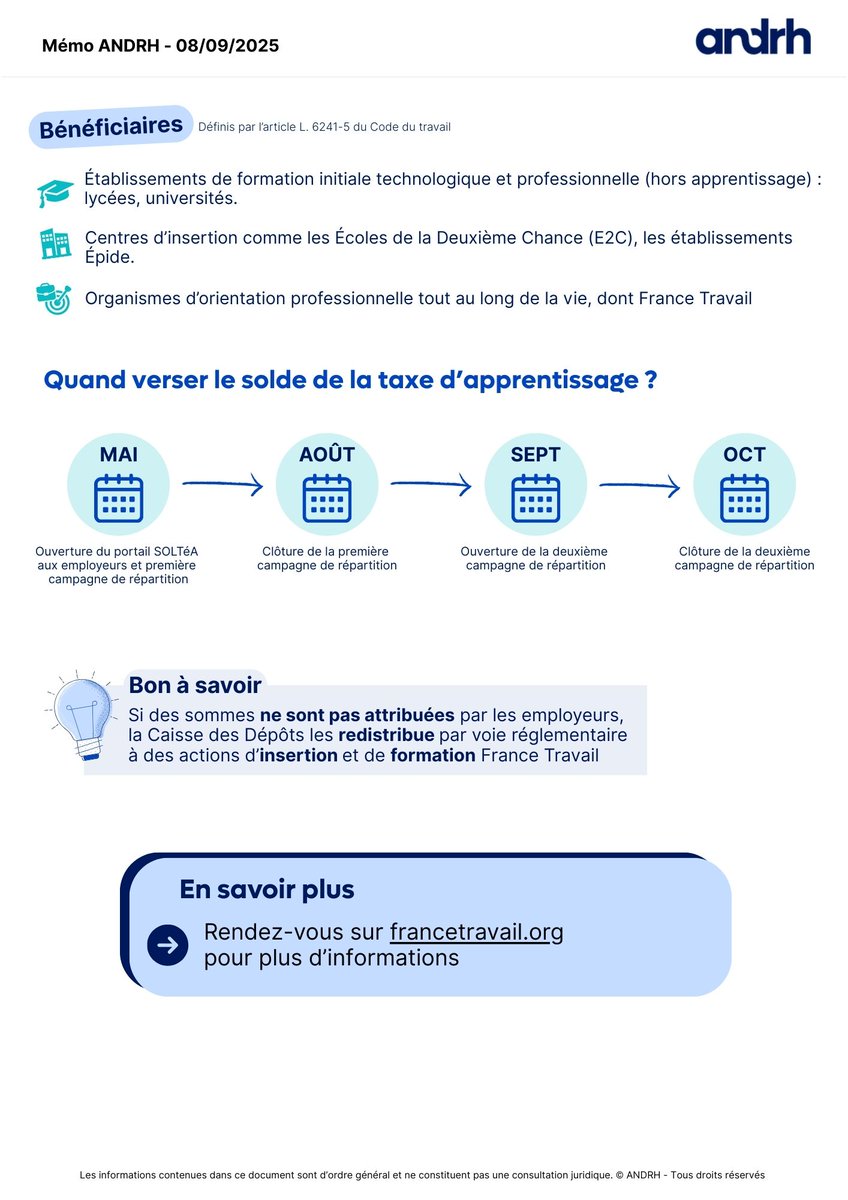 ANDRH_Officiel's tweet photo. 📢 Et si la taxe d’apprentissage n’était plus une contrainte mais un levier stratégique pour l’emploi et la formation ?

Découvrez notre mémo sur la taxe d'apprentissage
👉 https://t.co/YryKlrqZsq

#RH #Formation #Apprentissage #InsertionProfessionnelle #ANDRH https://t.co/34OivebP39