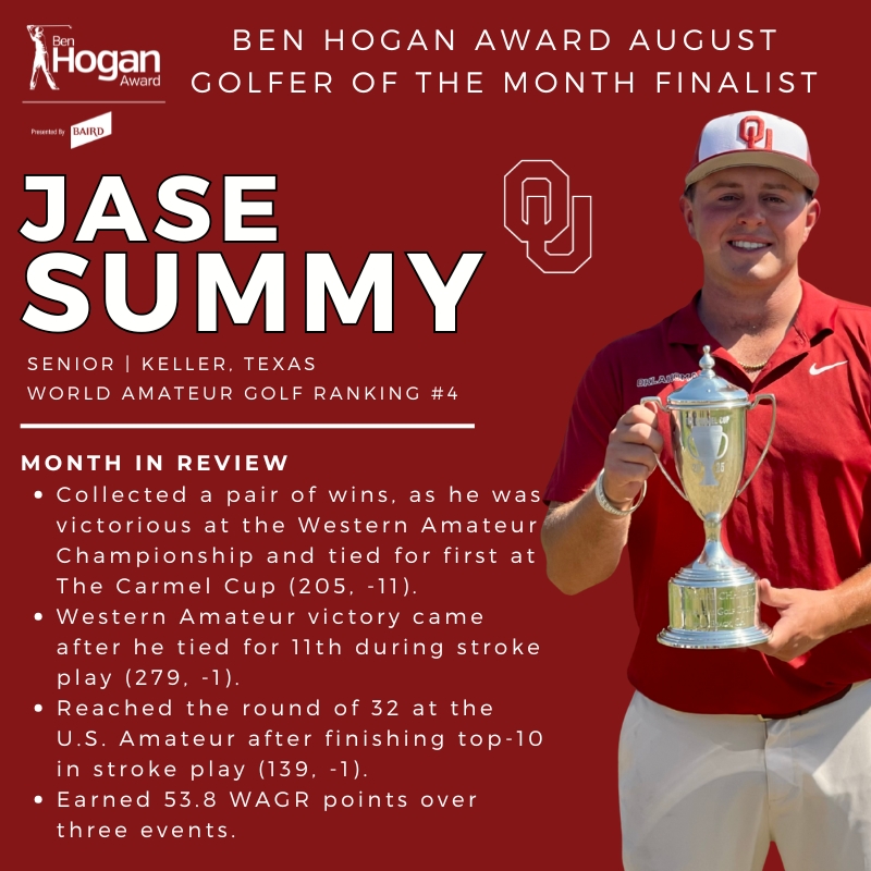 BenHoganAward's tweet image. Vote for @jasesummy of @OU_MGolf as the Ben Hogan Award August Golfer of the Month by liking this post (and the posts highlighting him on Instagram and Facebook).