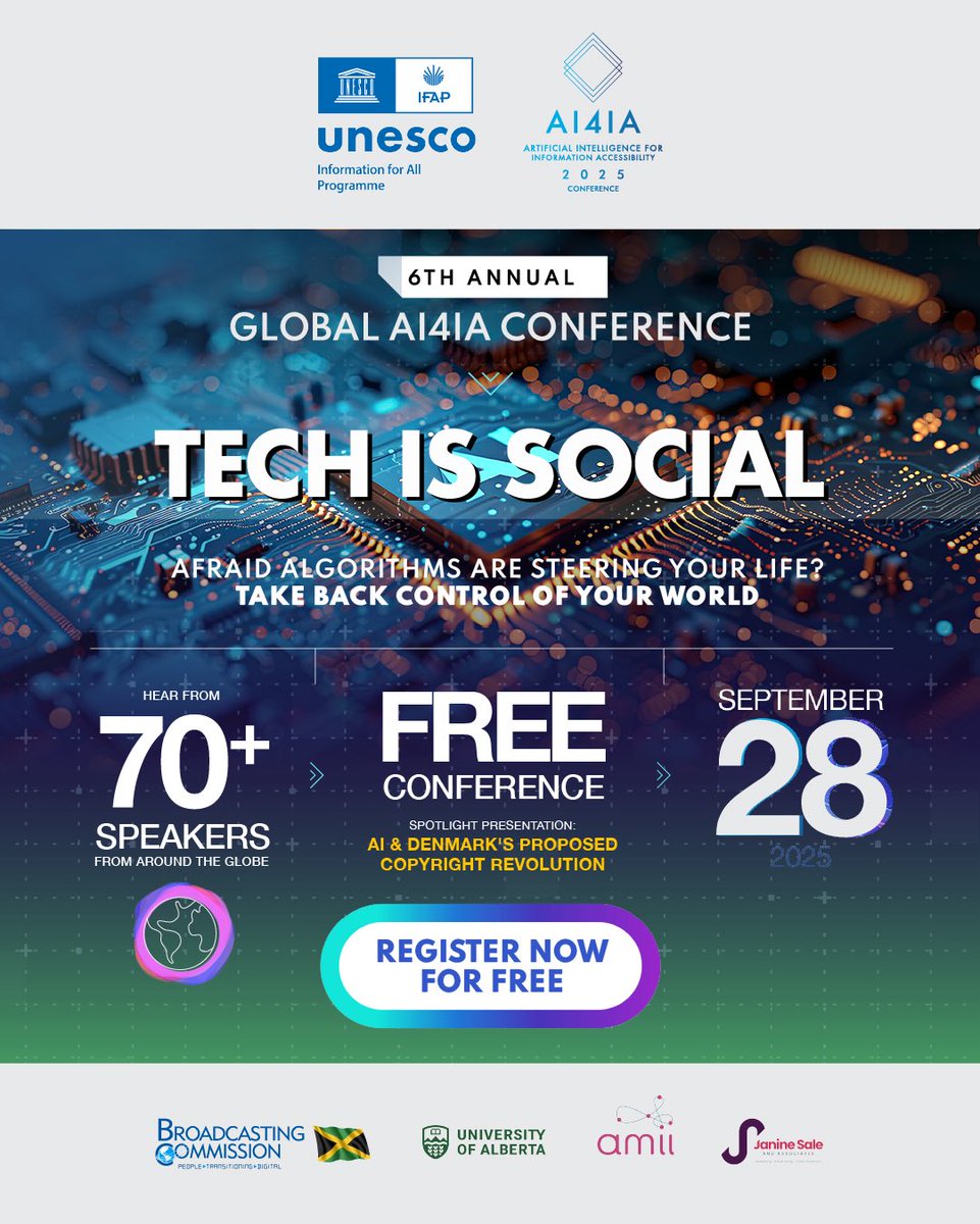Ai4iaConference's tweet image. Join over 70 experts at the 5th Annual AI4IA Conference hosted by the UNESCO Information For All Programme (IFAP) Working Group on Information Accessibility (WGIA) to learn more.  Register for FREE at ai4iaconference.com/register-now/or click link in bio to register
