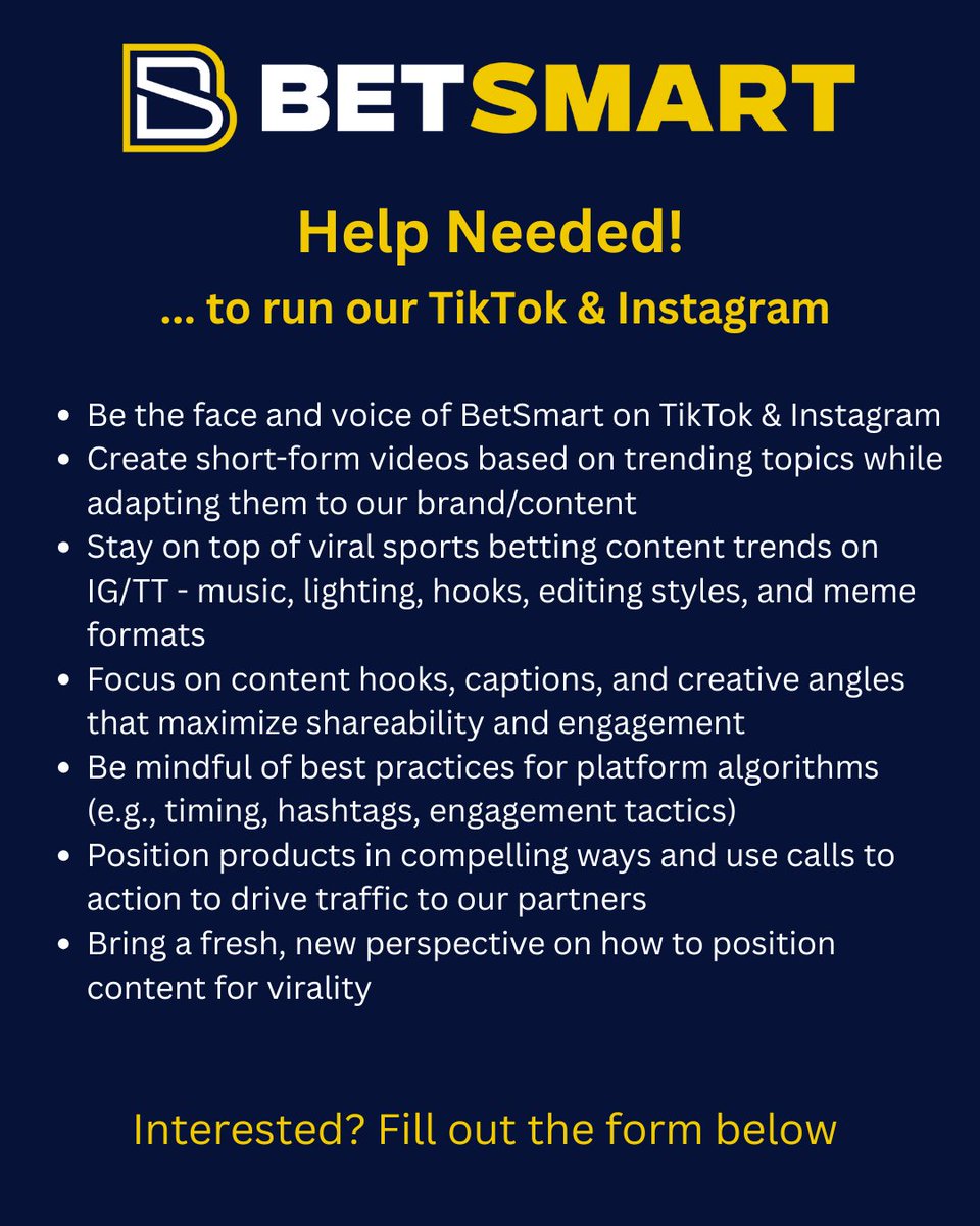 🚨BetSmart is Hiring 🚨

We are looking for a content creator to help grow our brand on IG and TikTok.

Interested? Fill out the form below 👇