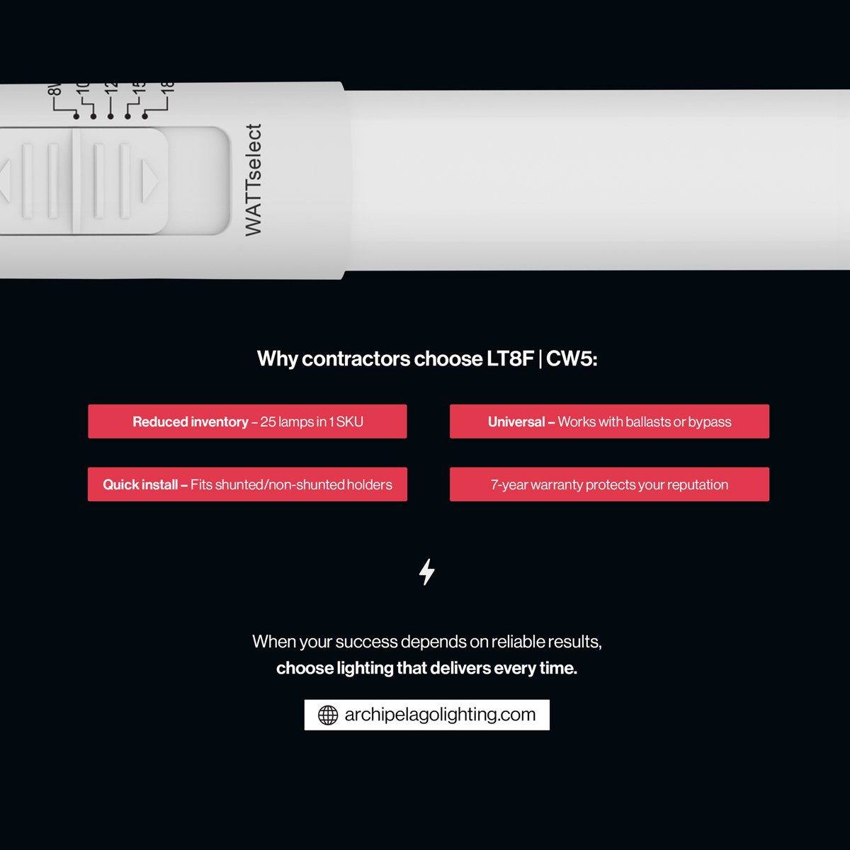 ArchipelagoLED's tweet image. One lamp. Endless possibilities 💡 LT8F | CW5 gives contractors 25-in-1 flexibility, universal compatibility &amp;amp; fast installs 🏭🏢🏥 Lighting that adapts to every project with reliable results. #T8Retrofit #ContractorLife