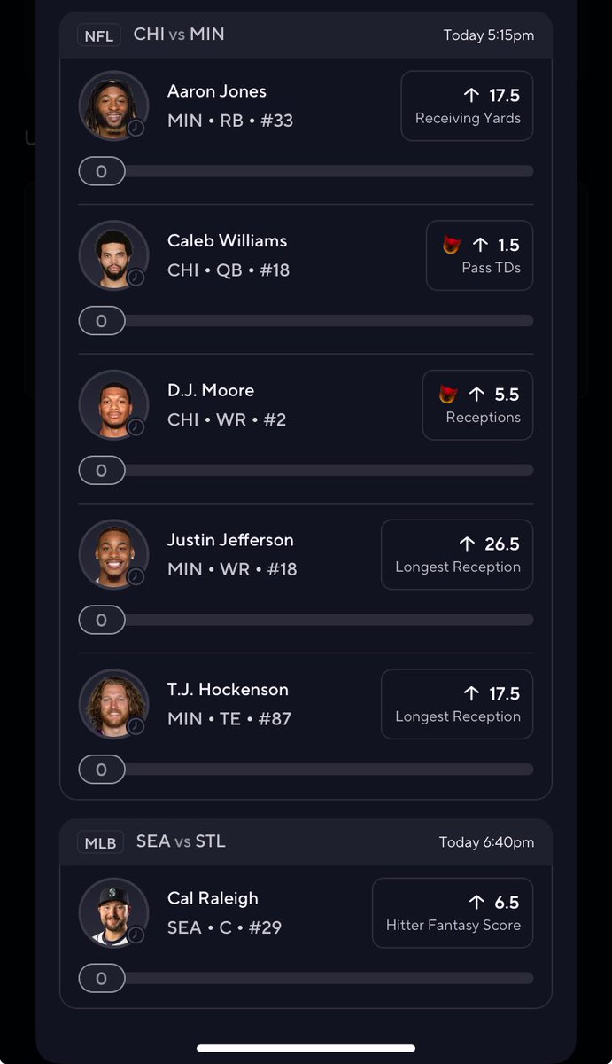 fwBanko's tweet photo. slip for today 🌟
31.5x Multiplier
Aaron Jones - o17.5 Rec Yards
Caleb Williams - o1.5 Pass Td’s
Dj Moore -5.5 Receptions 
Justin Jefferson - o26.5 Longest Reception
Tj Hockenson - o17.5 Longest Reception 
Cal Raleigh - o6.5 Hitter Fantasy Score

#PrizePicksNFL #PrizePicksMLB https://t.co/VQ7eJjkP2T