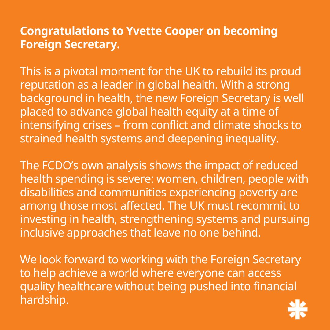 📢 Our response to Yvette Cooper taking up the role of Foreign Secretary — and what it means for #UKAid and #GlobalHealth.