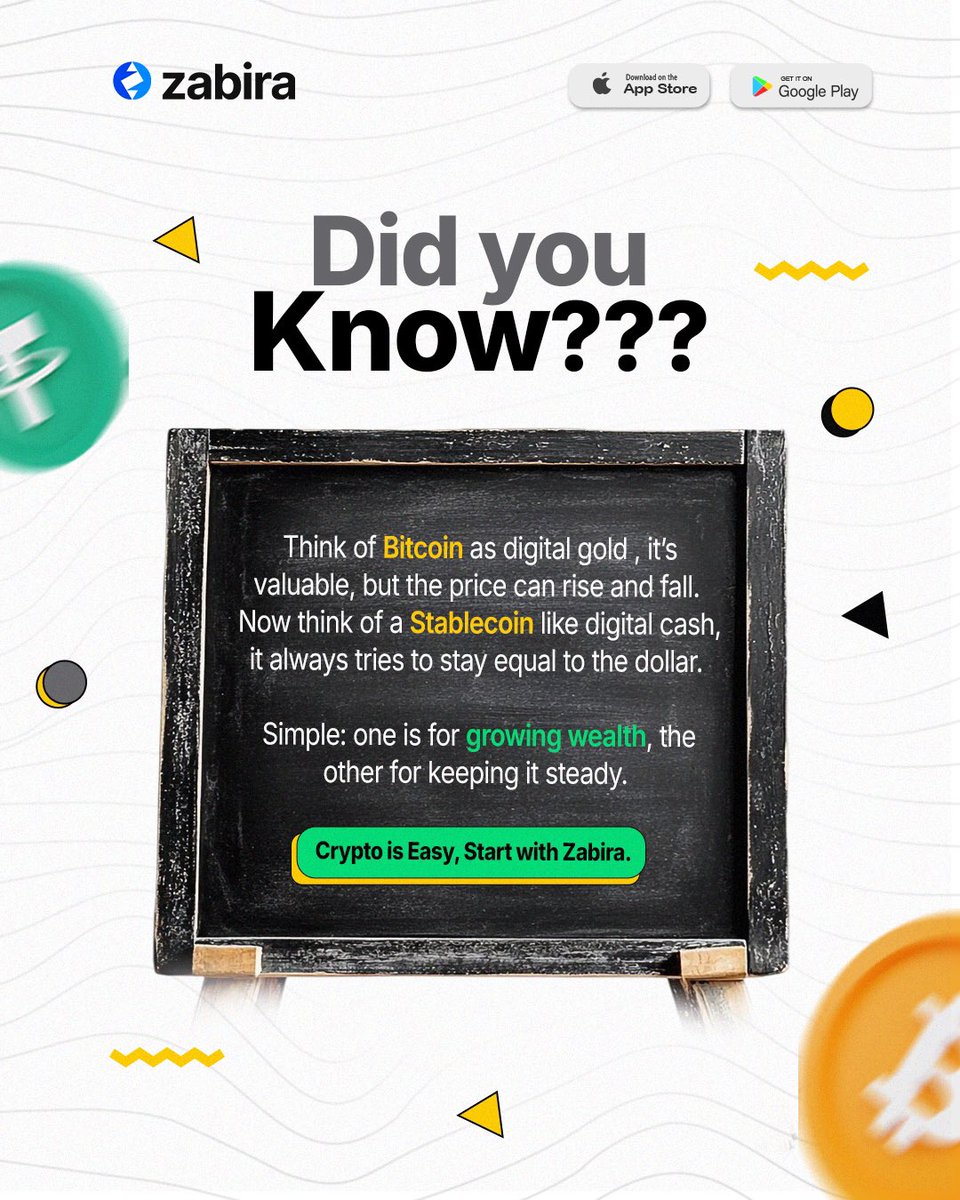 TheZabira's tweet image. Crypto doesn’t have to be complicated. One grows your wealth,the other keeps it steady. With Zabira , you get both in one place.
Start smart. Start simple. Start with Zabira.
#didyouknow #cryptotalks #cryptomadeeasy #bitcoin #stablecoin #digitalgold #digitalcash #cryptonigeria