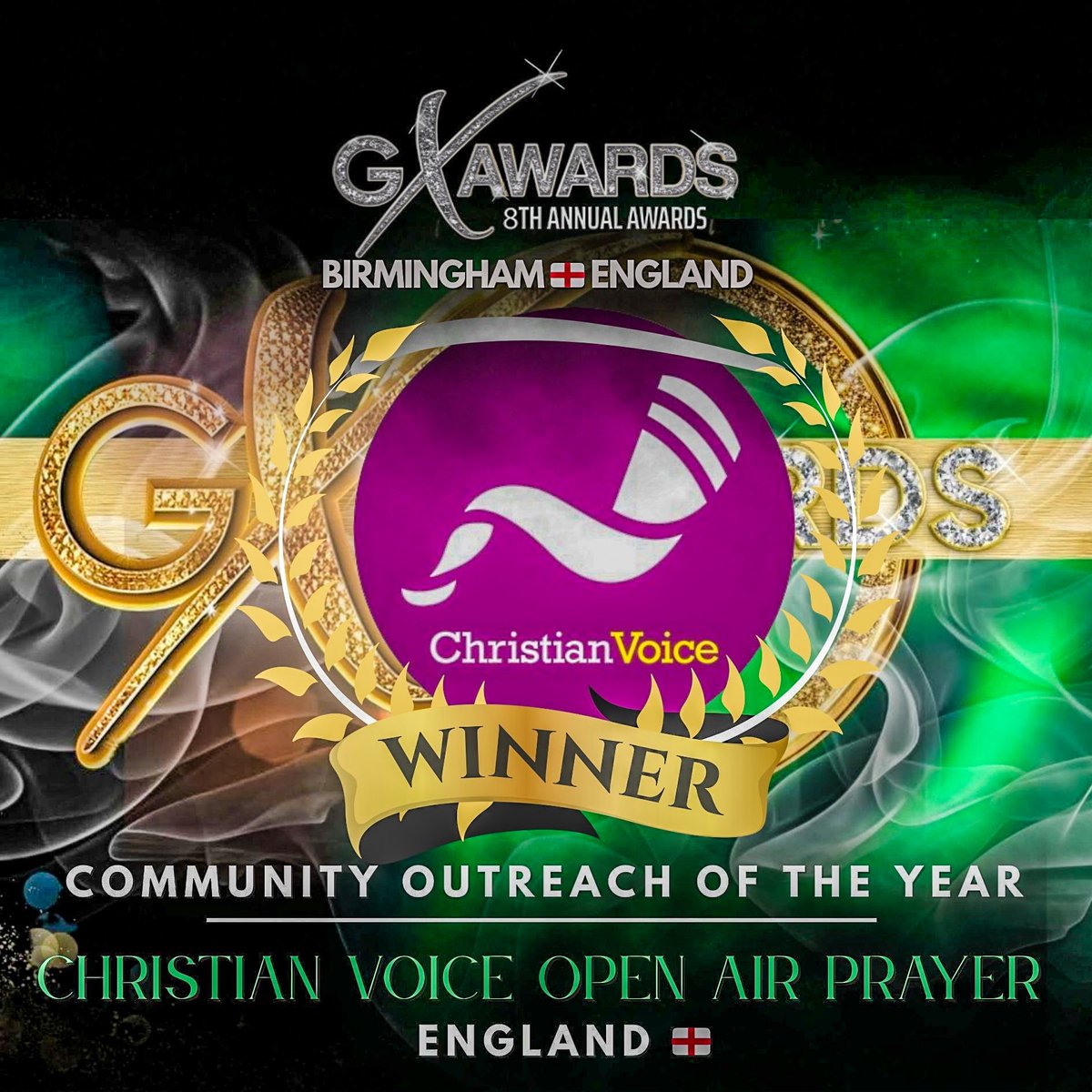 By God’s special grace, we won our 1st award ever at <a href="/TheGXAwards/">THE GX AWARDS</a>. We won the category of Community Outreach for our 19 year old Open air prayer held monthly at West Ham.

Thank you for your votes &amp; prayers.
To know more about our open air prayer, visit christianvoice.org.uk/index.php/open…