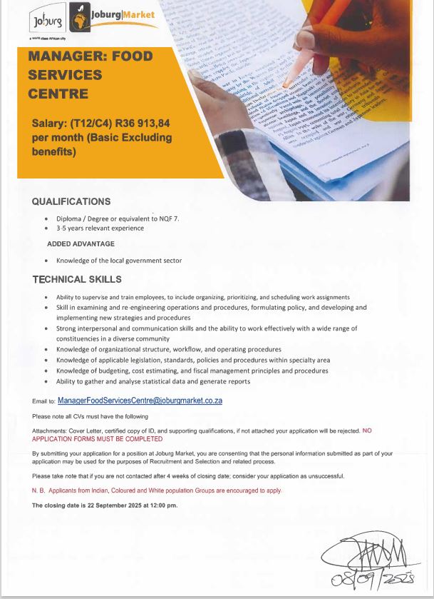 Joburg Market is Hiring!
Kindly find attached the Manager: Food Services Centre vacancy for your attention.

No other email address should be used except the one in the advertisement.
NB!! Please don't load your CV on social media.
#JoburgReimagined #JoburgUpdates