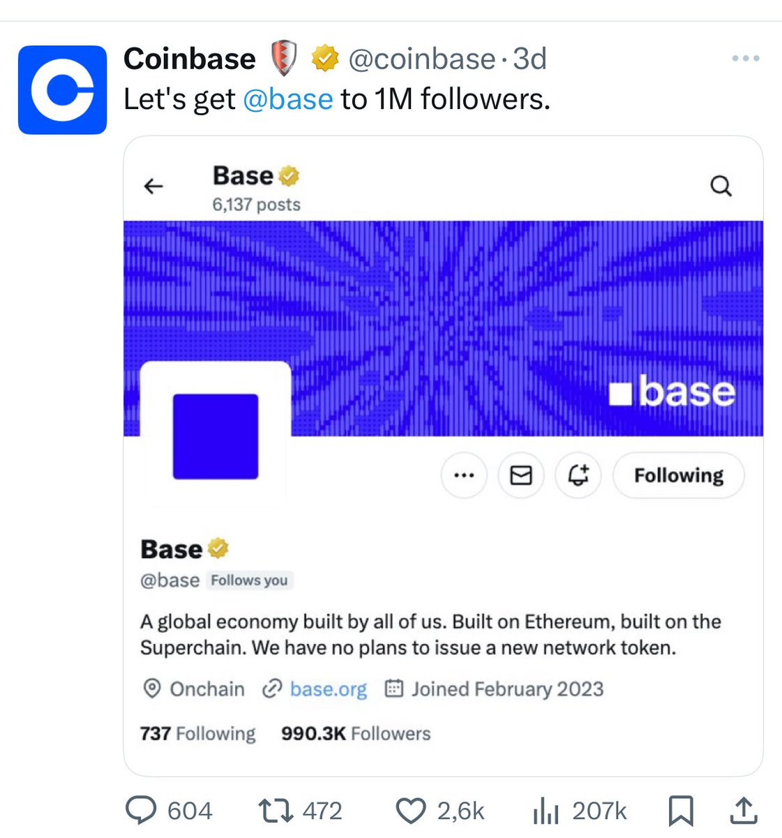 Learn to read between lines: 1 no plans to issue a new token, so the only coin already deployed by <a href="/coinbase/">Coinbase 🛡️</a> and <a href="/base/">Base</a> ecosystem is  $Base (Base is for everyone on base) under 3M market cap should be at least a billion  
2. How close is getting <a href="/base/">Base</a> to 1 million ..