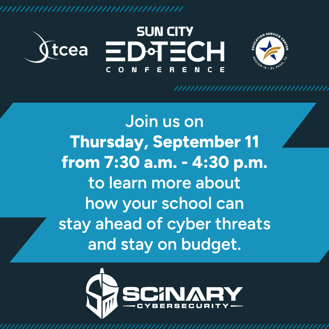 ScinaryCyber's tweet photo. The countdown is on!

Join Scinary at the ESC 19 Sun City Ed Tech Conference on September 11 for a deep dive into protecting your district’s data, staff, and students.

You bring the questions. We’ll bring the solutions. https://t.co/MSVk3LRO1W https://t.co/7plckvXlUM