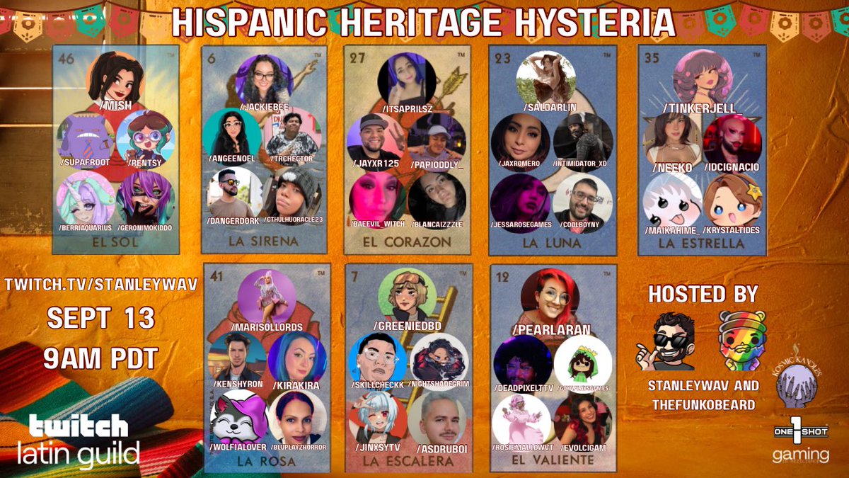 Introducing our participants for Hispanic Heritage Hysteria 2025!! I’m so excited to be including so many amazing Latin Guild Members. 

Catch us on the Twitch Front Page (!?!) on Saturday at 9am PDT

5 days to Hispanic Heritage Hysteria!!