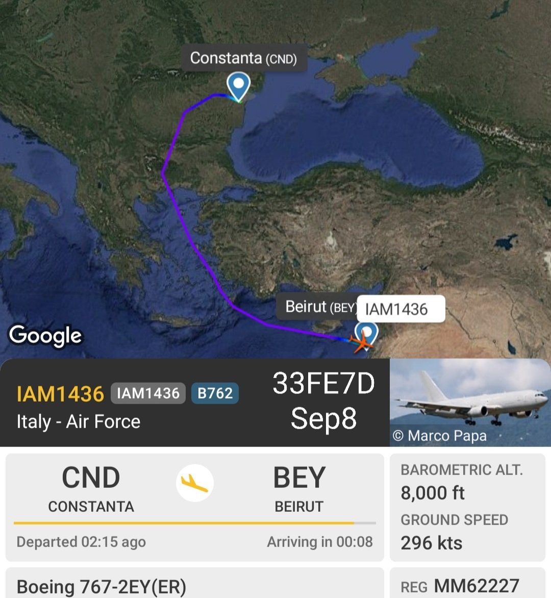 LebanonJets's tweet photo. #Italy AirForce KC767 #MM62227 this morning out of Pomezia/LIRE Air Base near Rome to Constanta, Romania now in Beirut and expected back to LIRE as #IAM1436. There are no Romanian troops in #UNIFIL but over 1,000 Italians https://t.co/rJQ1dG7xPR