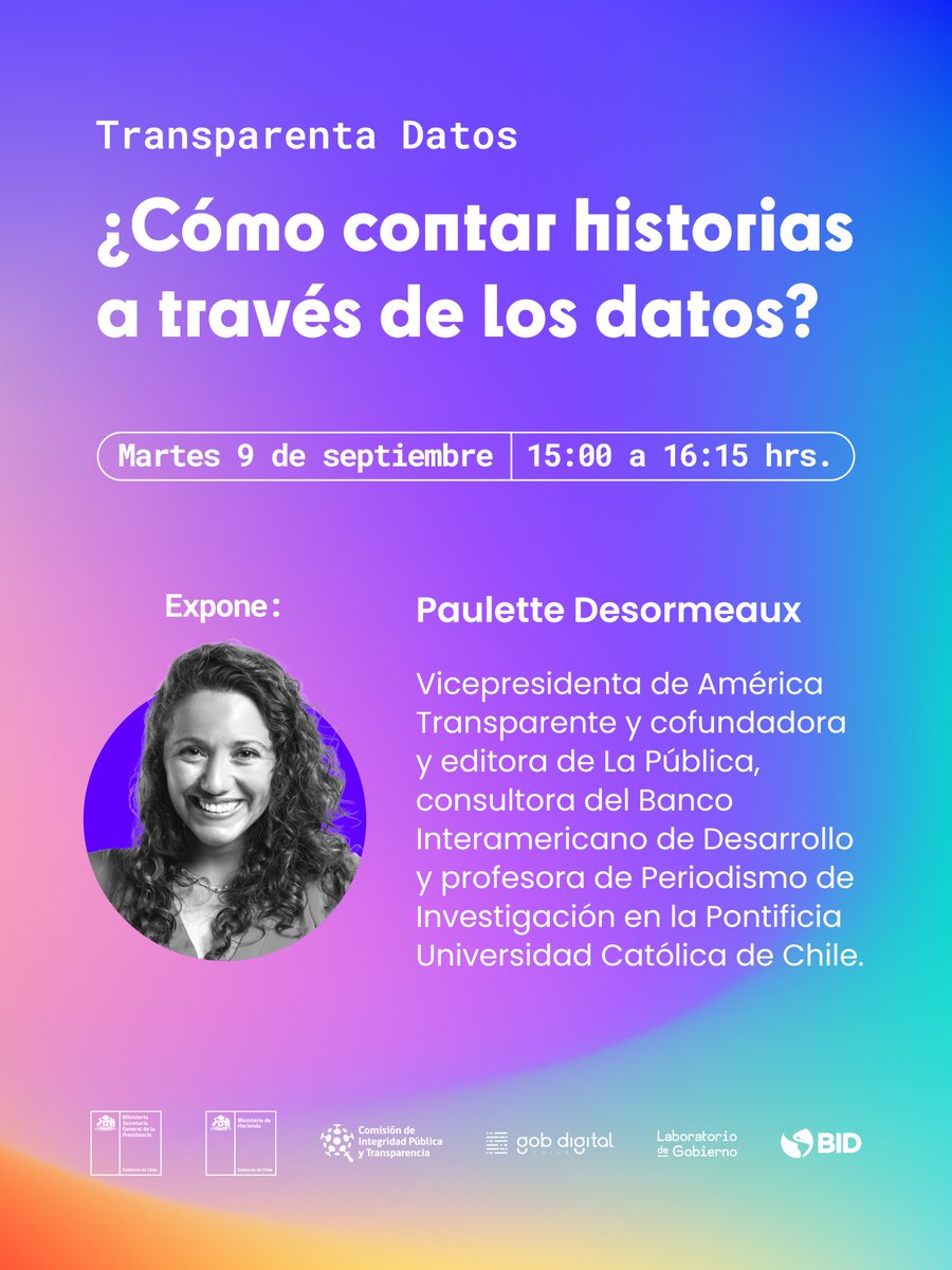 Comisión para Integridad Pública y Transparencia (@integridad_gob) on Twitter photo Acompáñanos en la charla online “¿Cómo contar historias a través de los datos” con la vicepresidenta de <a href="/a_transparente/">Fundación América Transparente</a>, Paulette Desormeaux.
🗓️ 8 de septiembre
🕒 15:00 a 16:30
🔗Inscríbete aquí events.teams.microsoft.com/event/2f5bae81… Acompáñanos en la charla online “¿Cómo contar historias a través de los datos” con la vicepresidenta de <a href="/a_transparente/">Fundación América Transparente</a>, Paulette Desormeaux.
🗓️ 8 de septiembre
🕒 15:00 a 16:30
🔗Inscríbete aquí events.teams.microsoft.com/event/2f5bae81…