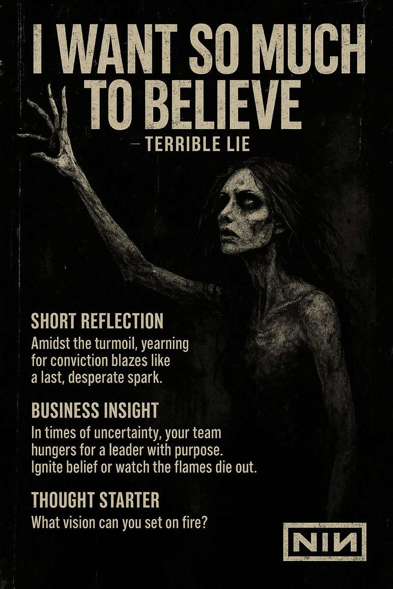 I'm using #AI to generate daily motivational moments based on lyrics from some of my favorite bands. Today's comes from #NIN. I ask for a random lyric, insights on what it means, and a way to apply it to my business life. Q: What vision can you set on fire? 

Rock your week,
